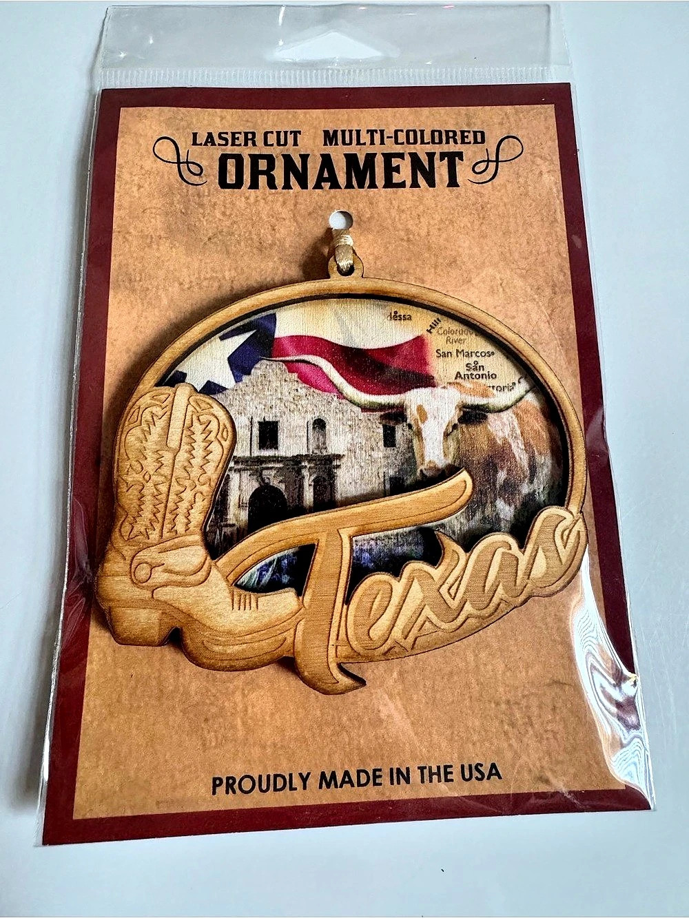 Texas ornament Laser-Cut Ornament Made in USA Cowboy Boot Longhorn Alamo NEW